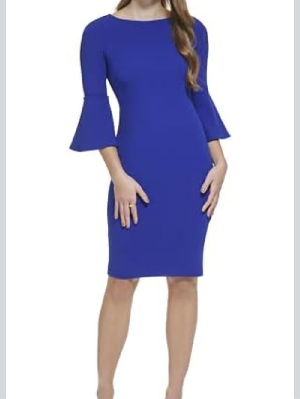 Calvin Klein Blue Sheath Dress With Long Bell Sleeves Size 12